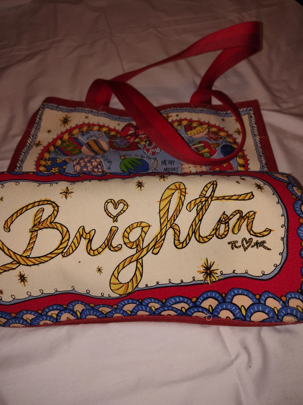 Brighton Red-Trim Canvas Tote with Multi-Color Heart Motif